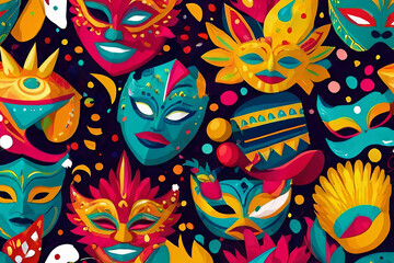 Naklejka premium Carnival celebration pattern. Vibrant masks, confetti, and festivity-inspired design. Perfect for lively themed projects.