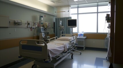 A hospital room with a bed and a television