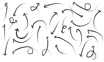 Ink arrow illustration isolated. Grunge arrow icon. Sketch curved arrow. Hand drawn arrow. Doodle Vector Arrow Set