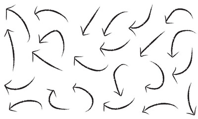 Ink arrow illustration isolated. Grunge arrow icon. Sketch curved arrow. Hand drawn arrow. Doodle Vector Arrow Set