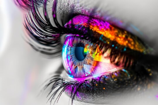 Human Cyborg AI Eye optic nerve coloboma. Eye ophthalmic optic optic nerve lens presbyopia color vision. Visionary iris lens design optimization sight sight eyelashes