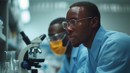 Two doctors in science lab looking into a microscope, wearing blue doctors clothing, wearing glasses, generative ai - obrazy, fototapety, plakaty