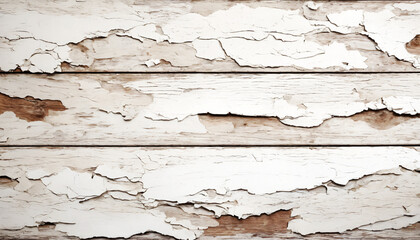 Vintage white wooden planks with peeling paint.