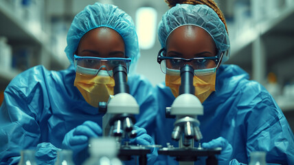 Two doctors in science lab looking into a microscope, wearing blue doctors clothing, wearing...