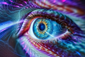 Human Cyborg AI Eye macro. Eye Prostaglandin eye drop optic nerve lens eyelash color vision. Visionary iris optical engineering sight primary visual cortex eyelashes