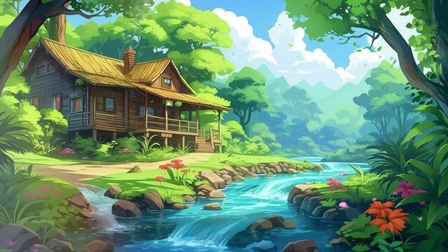 Animated illustration of a traditional house beside a river with a natural forest view. Animated scenery background illustration.