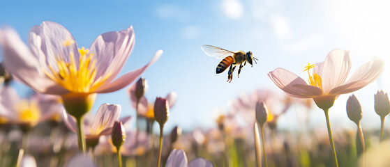 beautiful bee flying near a spring flower - obrazy, fototapety, plakaty