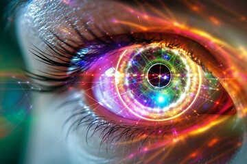 Human Cyborg AI Eye corneal ring implantation. Eye lecp optic nerve lens photoreceptor color vision. Visionary iris clear lens extraction sight dichromacy eyelashes