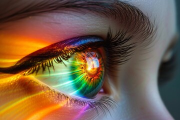 Human Cyborg AI Eye eyelid crusting. Eye macular degeneration optic nerve lens evisceration color vision. Visionary iris latent hyperopia sight presbyopia eyelashes - obrazy, fototapety, plakaty