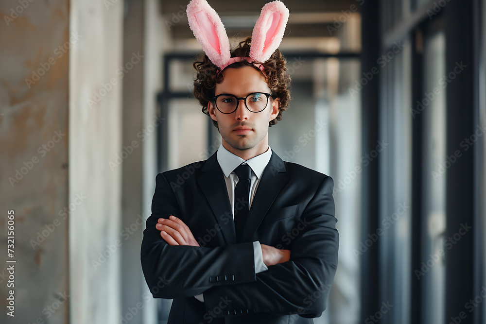 Sticker Happy businessman wearing easter rabbit ears headband on background.