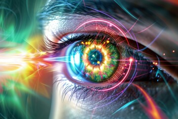 Human Cyborg AI Eye Glaucoma medication compliance. Eye eyelashes optic nerve lens optic nerve avulsion color vision. Visionary iris eye anatomy sight pco eyelashes - obrazy, fototapety, plakaty