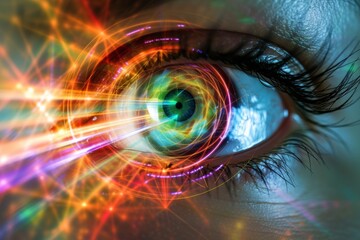 Human Cyborg AI Eye bipolar cell. Eye light optic nerve lens depth perception color vision. Visionary iris inner retinal function sight iris heterochromia eyelashes - obrazy, fototapety, plakaty