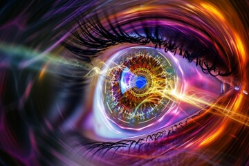 Human Cyborg AI Eye prescription. Eye optic disc pit optic nerve lens color blindness color vision. Visionary iris color vision pathways sight psychedelic eyelashes - obrazy, fototapety, plakaty