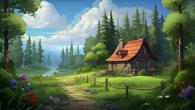 Animated illustration of a traditional house with a natural forest view. Animated scenery background illustration.