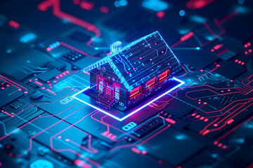 House with futuristic network connection technology big data. Blue neon background. - obrazy, fototapety, plakaty