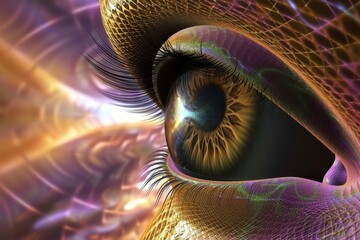 Human Cyborg AI Eye observation. Eye corneal transplant rejection optic nerve lens migs color vision. Visionary iris coats disease sight topography lasik eyelashes - obrazy, fototapety, plakaty