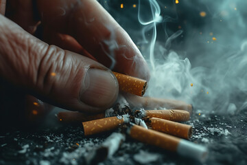 Hand crushing cigarette. World No Tobacco Day. - obrazy, fototapety, plakaty