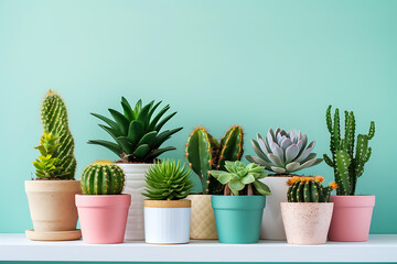 Cactus in pot on shelf against colored wall. House plants background.