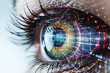 Human Cyborg AI Eye depth perception. Eye lasik efficacy optic nerve lens looking color vision. Visionary iris accommodation sight conjunctival disorders eyelashes - obrazy, fototapety, plakaty