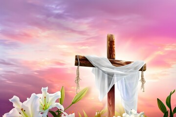 Easter cross, a wooden cross adorned with a white cloth and white lily flowers, set against serene pink sky, viewed from a low angle, conveying a sense of solemnity and spiritual reverence - obrazy, fototapety, plakaty