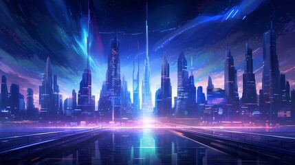 Futuristic night city. Cityscape on a colorful background with bright and glowing neon lights. Neural network AI generated art Neural network AI generated art
