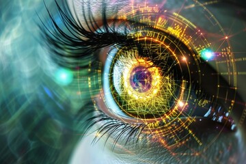 Human Cyborg AI Eye x linked color vision deficiency. Eye brown optic nerve lens lasik color vision. Visionary iris iris recognition sight eye allergies eyelashes - obrazy, fototapety, plakaty