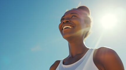 Fitness, black woman and happy athlete smile after running, exercise and marathon training workout. Blue sky, summer sports and run of a African runner breathing with happiness from sport outdoor - obrazy, fototapety, plakaty
