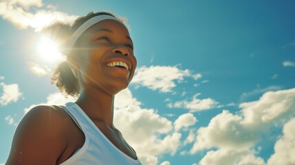 Fitness, black woman and happy athlete smile after running, exercise and marathon training workout. Blue sky, summer sports and run of a African runner breathing with happiness from sport outdoor - obrazy, fototapety, plakaty