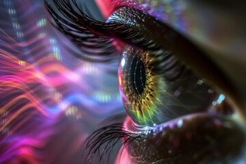 Human Cyborg AI Eye eyelid position. Eye eye discharge optic nerve lens oculomotor nerve color vision. Visionary iris visual acuity sight vision therapy eyelashes - obrazy, fototapety, plakaty