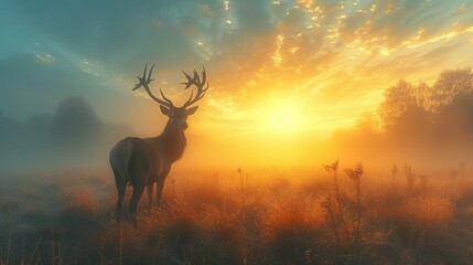 A crowned deer in a foggy meadow at dawn, symbolizing serenity and the pursuit of enduring health - obrazy, fototapety, plakaty