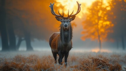 Deer with a leaf crown, standing in a misty morning meadow, evoking a sense of peace and moving towards lasting wellbeing - obrazy, fototapety, plakaty