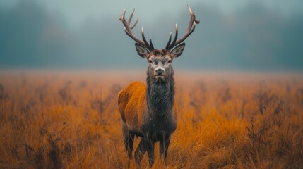 A leaf-crowned deer in a mist-filled meadow, embodying tranquility and the journey to sustained wellbeing