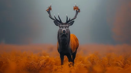 Fotobehang A deer adorned with a leaf tiara in a hazy morning field, conjures a feeling of calm and progression towards ongoing health © Kanisorn