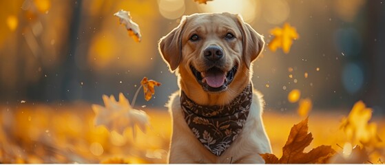 A dog wearing a leaf-motif bandana, engaged in play in a leaf pile, presented in a sensory-rich scene with a softened, warm-tone background