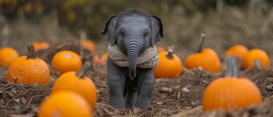 An elephant youngster in a scarf within a pumpkin field, portrayed with a soft-focus, underscoring themes of growth and learning