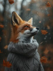 A fox attired in a snug sweater, looking afar, enveloped by fall fogs, highlights the allure of transformation and adaptability