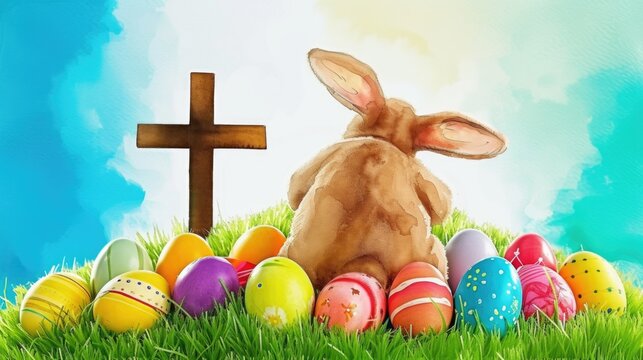 In a flat design greeting card, a serene scene unfolds as a rabbit sits amidst lush grass, accompanied by colorful Easter eggs arranged beside a cross, conveying the spirit of renewal and celebration