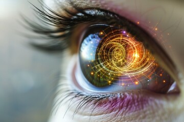 Fototapeta premium Human Cyborg AI Eye illustration face. Eye posterior chamber optic nerve lens scotopic vision color vision. Visionary iris color vision norms sight see eyelashes