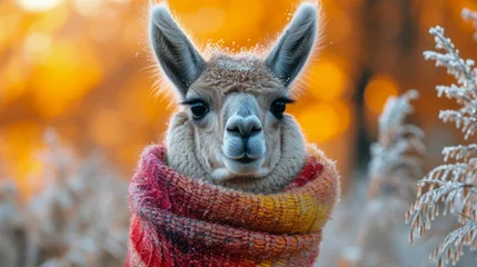 Fotobehang Llama wearing a colorful scarf, standing in a field of tall grass with early frost, showcasing adaptation to the cold © Kanisorn