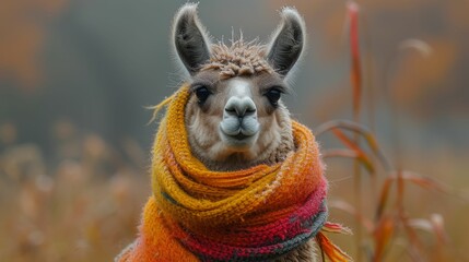 A llama in a vibrant scarf amid frost-touched tall grass, demonstrating cold weather adaptation