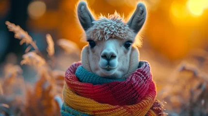 Fotobehang A colorful-scarfed llama within a frost-kissed tall grassland, illustrates adjusting to the chill © Kanisorn
