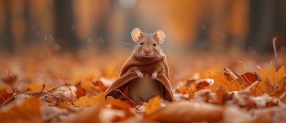 Obraz na płótnie Canvas A small mouse clad in a cape traversing through fallen leaves, symbolizing adventurous spirit and perpetual learning
