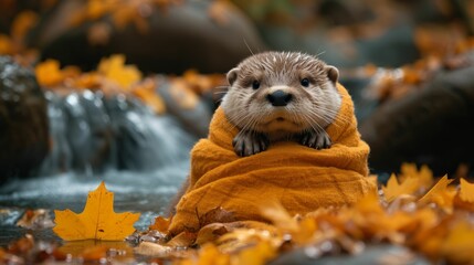 Otter wrapped in a warm blanket, beside a gently flowing stream with autumn leaves floating by, symbolizing comfort and peace