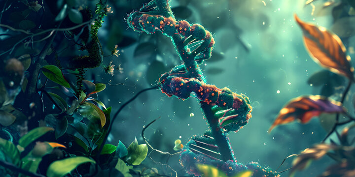 genetic research on plant DNA is underway, equipped with cutting-edge technology and futuristic gadgets, reflecting a mix of modernity and bio-mechanics