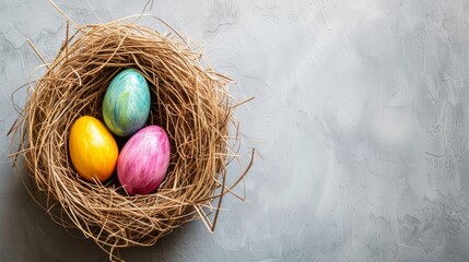 three easter eggs in nest painted in pastel colors over gray background. 