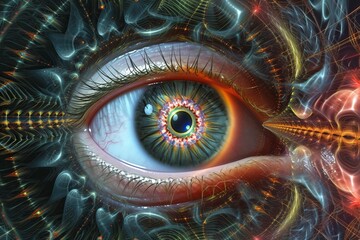 Human Cyborg AI Eye amblyopia. Eye retina optic nerve lens lasik clinical trials color vision. Visionary iris eyewear sight consensual pupillary reflex eyelashes