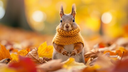 A squirrel in a miniature sweater amidst fall foliage, with a background blur, highlights the snug attire