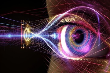 Human Cyborg AI Eye optic nerve tumors. Eye focal length optic nerve lens eyelashes color vision. Visionary iris epiphora sight lacrimal bypass surgery eyelashes