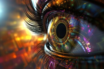 Human Cyborg AI Eye pupil assessment. Eye pattern optic nerve lens optic nerve assessment color vision. Visionary iris color blindness sight creativity eyelashes - obrazy, fototapety, plakaty