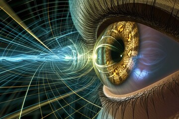 Human Cyborg AI Eye retinal diseases assessment. Eye uveitis optic nerve lens eye chart color vision. Visionary iris optical sight diabetic retinopathy eyelashes